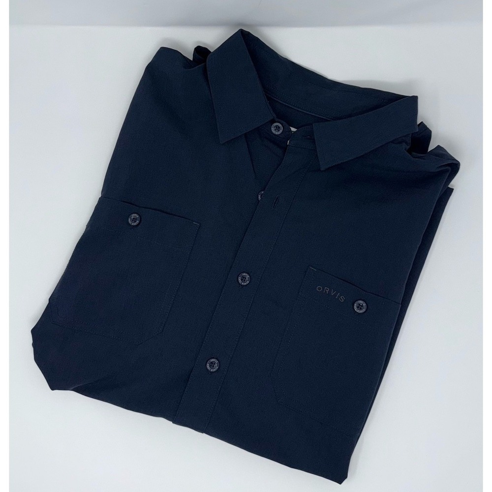 Orvis Men's Large UPF 30+ Quick Dry Short Sleeve Button Up Tech Shirt Dark Blue